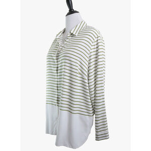 J Jill Size 2X Collared Button Front Tunic Shirt Striped White Green
